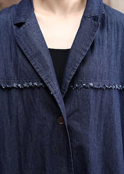 French Denim Blue Peter Pan Collar Patchwork Tassel Cotton Trench Coats Long Sleeve