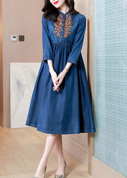 French Denim Blue V Neck Embroideried Patchwork Elastic Waist Cotton Long Dresses Spring