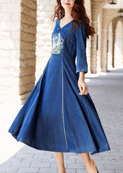 French Denim Blue V Neck Patchwork Pockets Maxi Dresses Spring