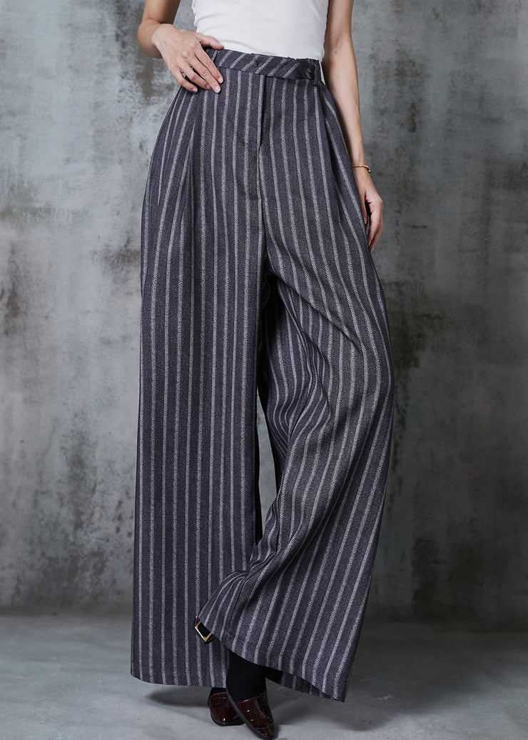 French Dull Grey Striped Cotton Wide Leg Pants Fall