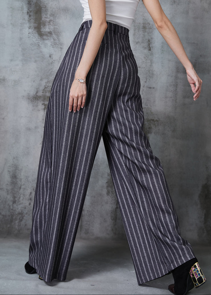 French Dull Grey Striped Cotton Wide Leg Pants Fall