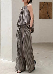 French Fashion Coffee Striped Top Wide Leg Pants Two Piece Set Summer