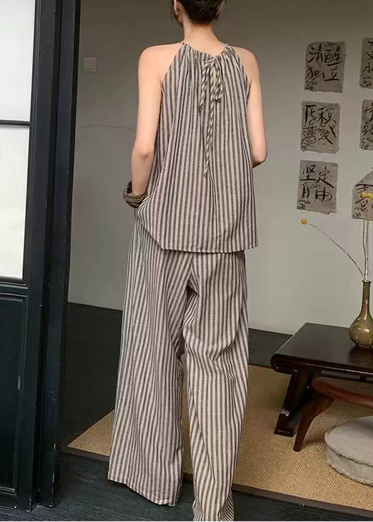 French Fashion Coffee Striped Top Wide Leg Pants Two Piece Set Summer