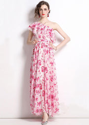 French Floral One-Shoulder Print Patchwork Chiffon Beach Dresses Summer