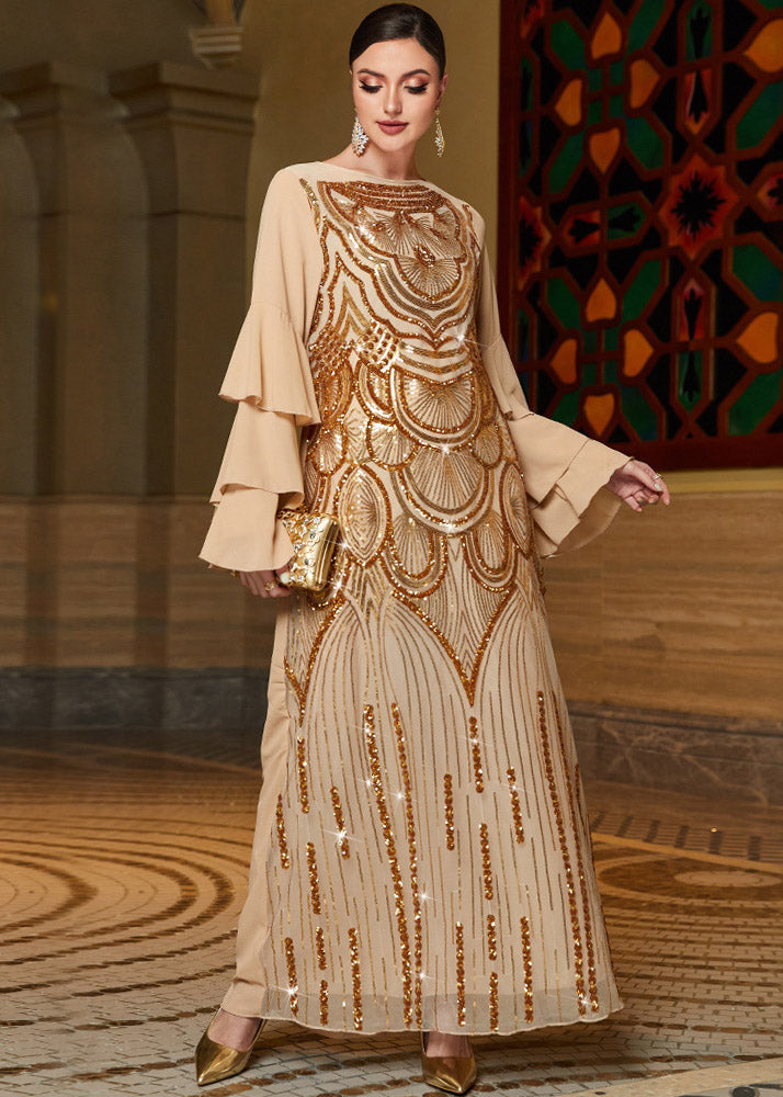 French Gold Embroideried Sequins Chiffon Maxi Dresses Butterfly Sleeve