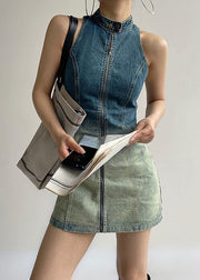 French Gradient Button Color Zip Up Denim Mid Dress Sleeveless