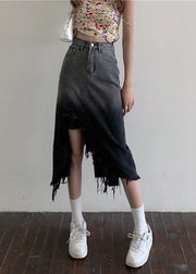 French Gradient Color Front Open Tasseled Denim Skirts Summer