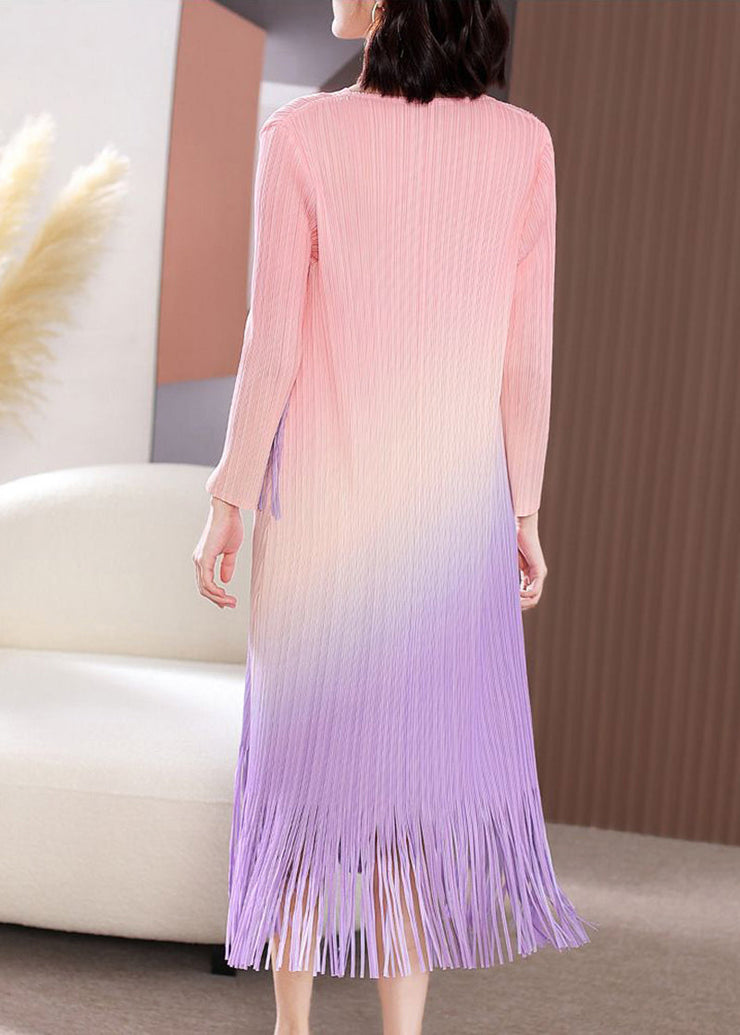 French Gradient Color V Neck Patchwork Tassel Nail Bead Long Dress Summer