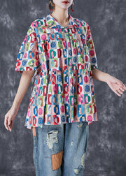 French Graffiti Print Oversized Wrinkled Cotton Blouses Summer