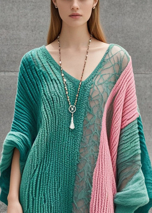 French Green Asymmetrical Patchwork Long Knit Dress Batwing Sleeve