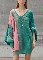 French Green Asymmetrical Patchwork Long Knit Dress Batwing Sleeve