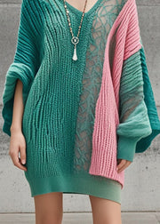 French Green Asymmetrical Patchwork Long Knit Dress Batwing Sleeve