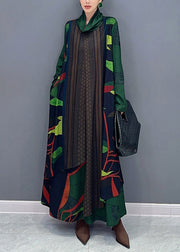 French Green Asymmetrical Print False Two Pieces Cotton Dresses Fall