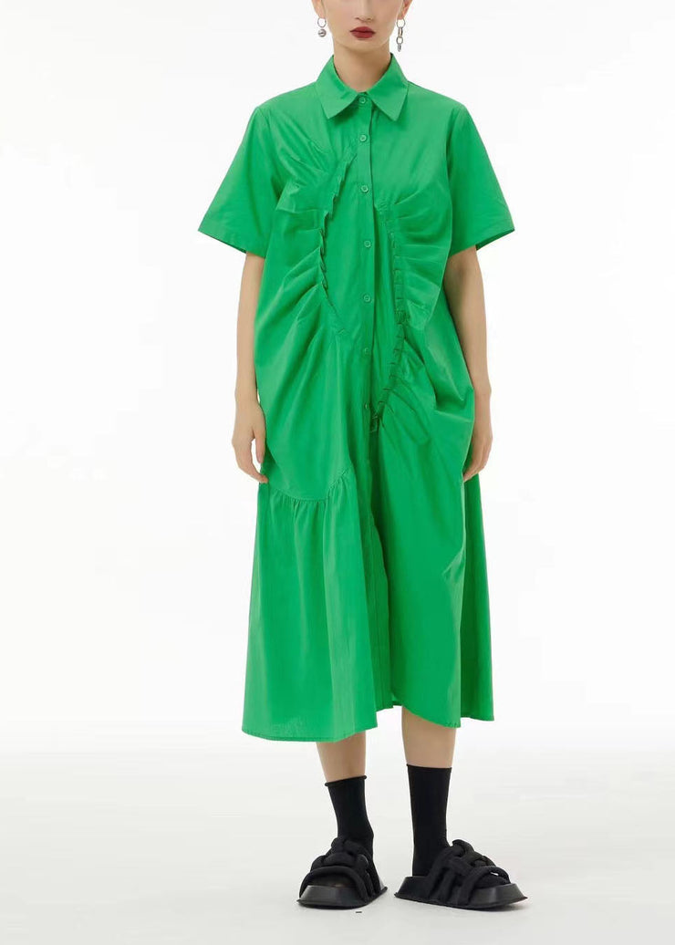 French Green Asymmetrical Wrinkled Cotton Robe Dresses Summer