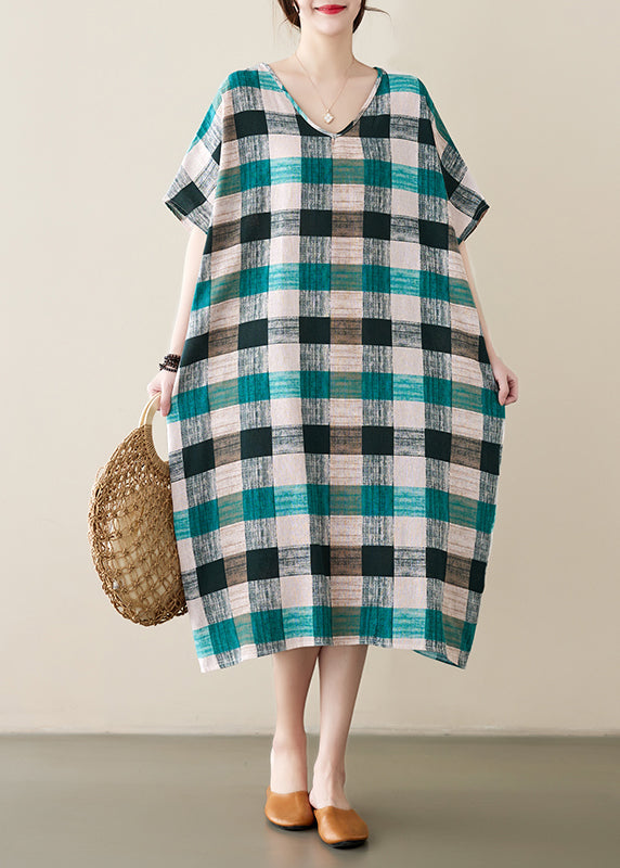 French Green Black Plaid Oversized Linen Dress Summer