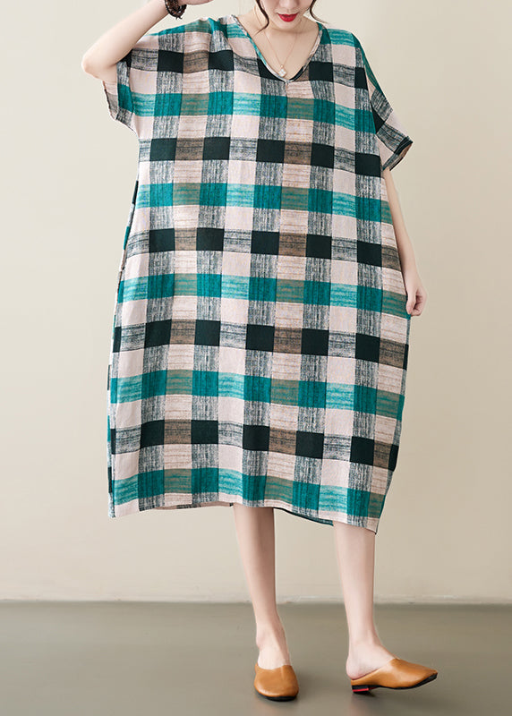 French Green Black Plaid Oversized Linen Dress Summer