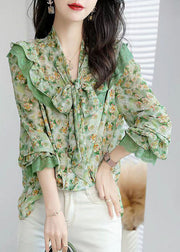 French Green Bow Collar Patchwork Ruffles Print Chiffon Shirts Spring