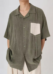 French Green Button Patchwork Cotton Men Shirt Summer