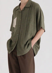 French Green Button Patchwork Cotton Men Shirt Summer