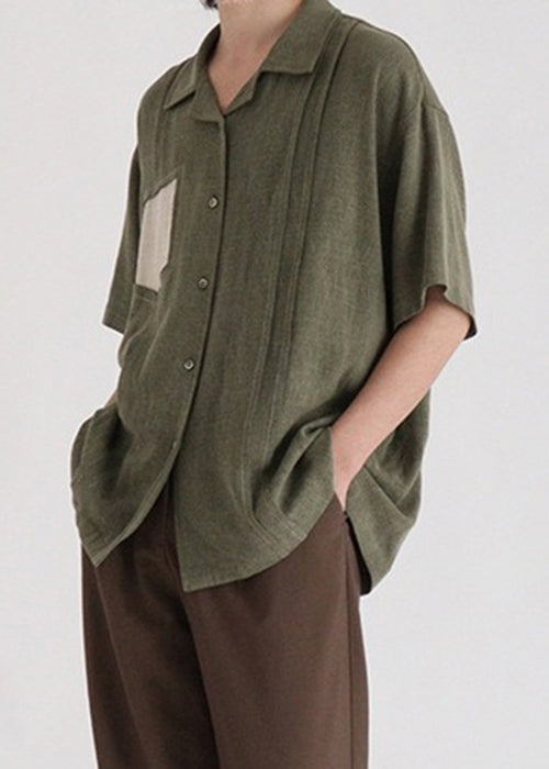 French Green Button Patchwork Cotton Men Shirt Summer