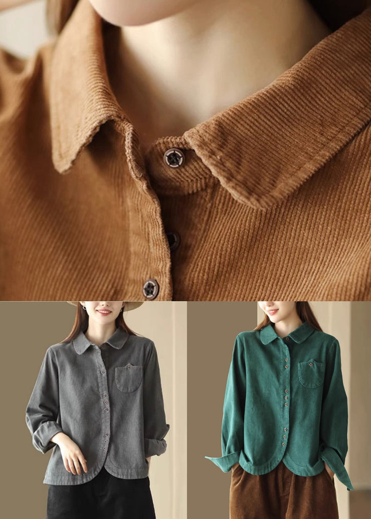 French Green Button Pockets Corduroy Blouses Long Sleeve