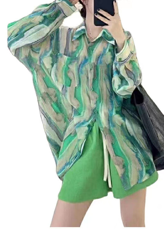 French Green Button Print Patchwork Chiffon Shirts Fall