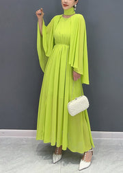 French Green Cape Patchwork Chiffon Long Dresses Flare Sleeve