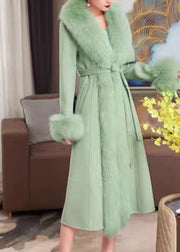 French Green Fox Collar Pockets Patchwork Tie Waist Maxi Woolen Coat Winter