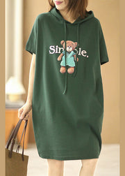 French Green Hooded Drawstring Print Cotton Pullover Sweatshirt Dress Short Sleeve