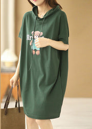 French Green Hooded Drawstring Print Cotton Pullover Sweatshirt Dress Short Sleeve