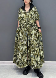 French Green Hooded Print Pockets Cotton Long Dress Summer