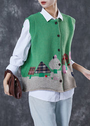 French Green Jacquard Fuzzy Ball Decorated Knit Vest Two Pieces Set Spring