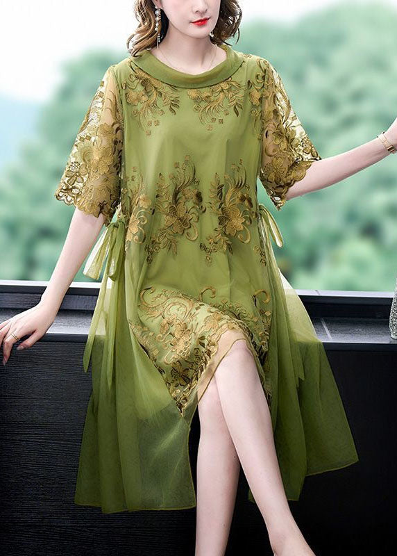 French Green O-Neck Embroideried Tulle Patchwork Silk Dress Summer