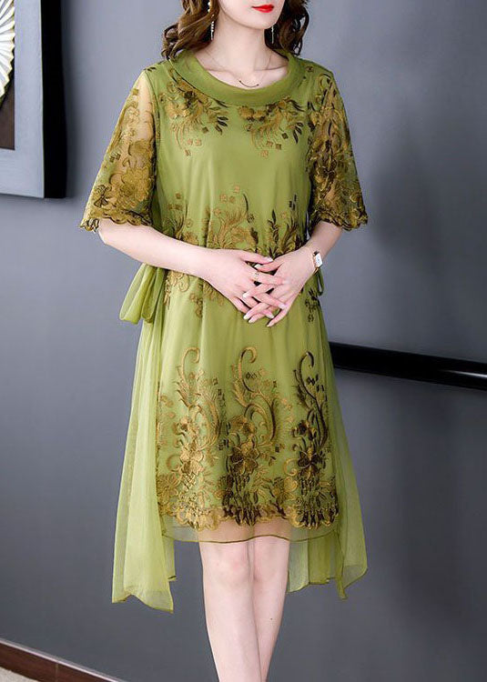 French Green O-Neck Embroideried Tulle Patchwork Silk Dress Summer