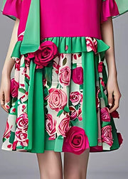 French Green O-Neck Floral Ruffled Patchwork Chiffon Mid Dress Summer