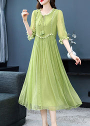 French Green O-Neck Lace Up Extra Large Hem Silk Long Dress Half Sleeve