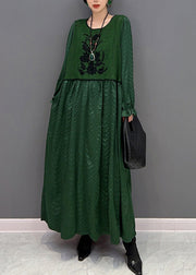 French Green O-Neck Patchwork Knit Maxi Dresses Winter