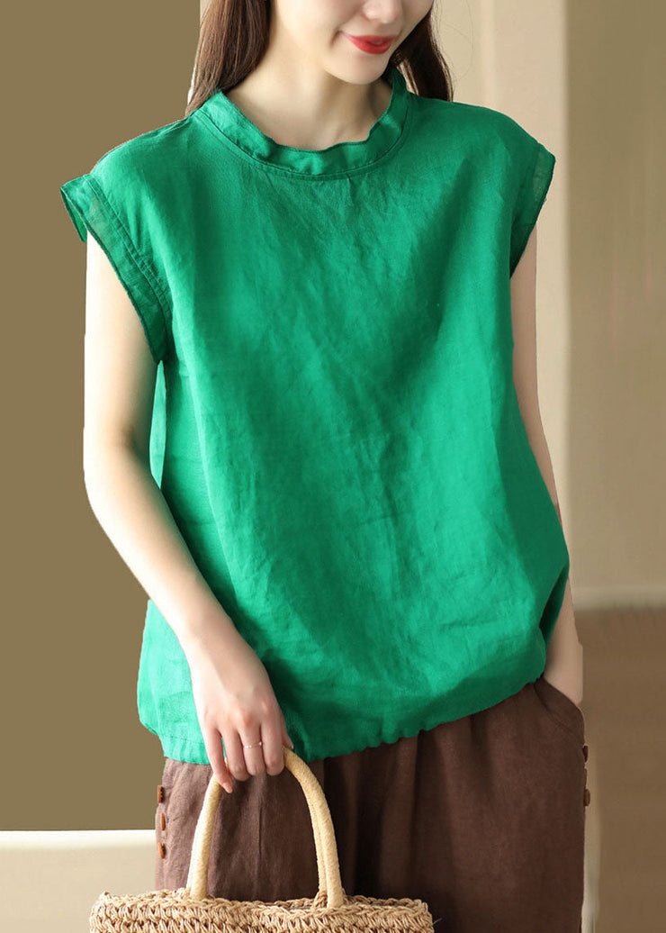 French Green O Neck Patchwork Linen T Shirt Tops Summer