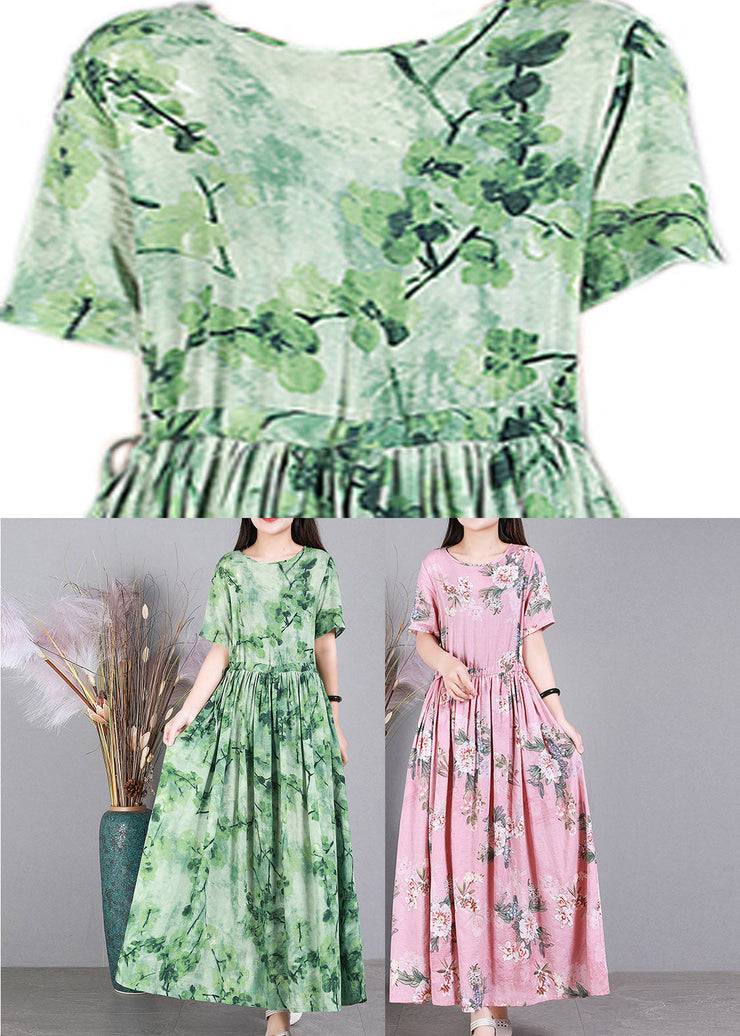 French Green O-Neck Print Linen Long Dress Short Sleeve