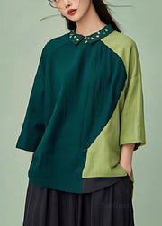 French Green Oversized Patchwork Linen Blouses Summer