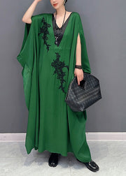 French Green Oversized Patchwork Silk Ankle Dress Batwing Sleeve