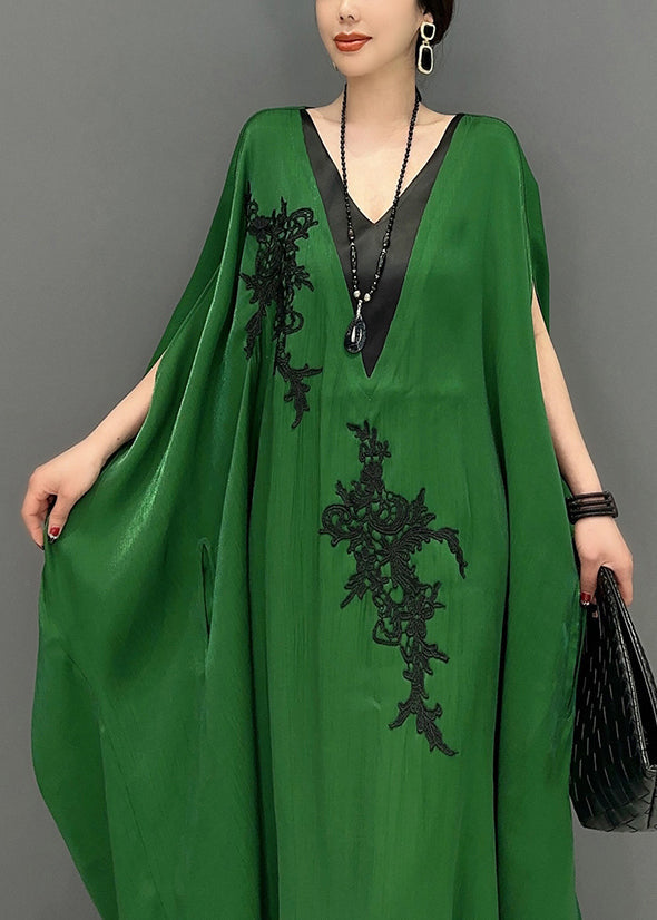 French Green Oversized Patchwork Silk Ankle Dress Batwing Sleeve