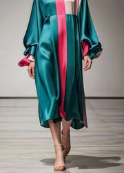 French Green Oversized Patchwork Silk Dresses Lantern Sleeve