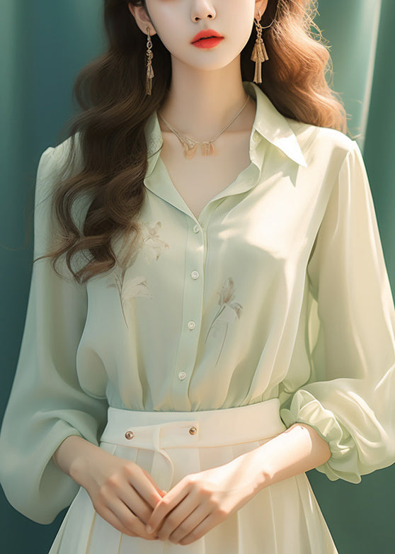 French Green Peter Pan Button Collar Silk Shirt Long Sleeve