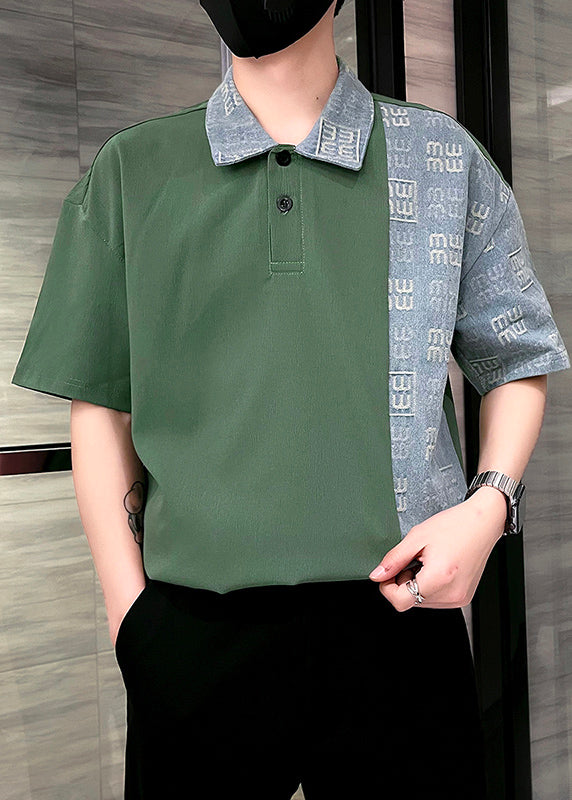 French Green Peter Pan Collar Button Cotton Men Polo Shirt Summer