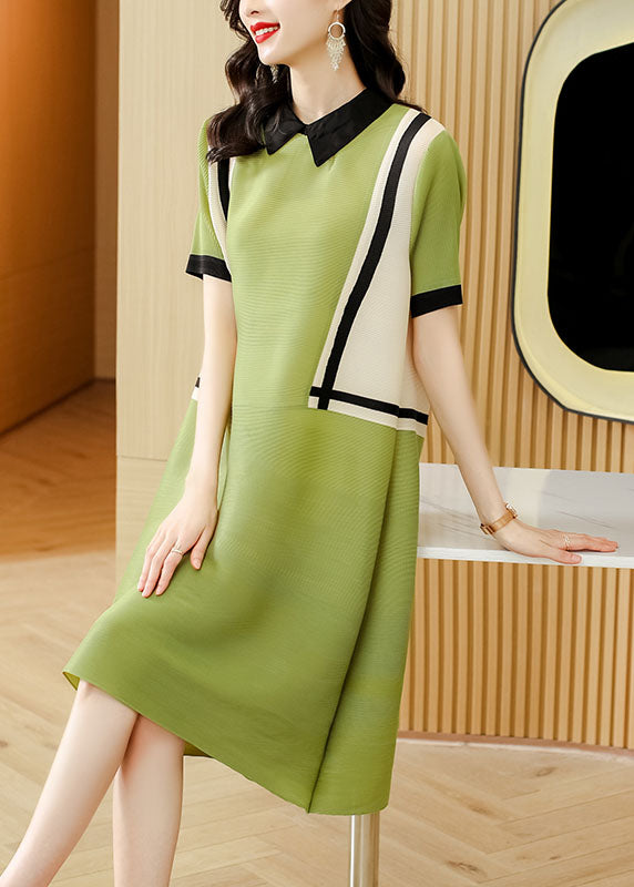 French Green Peter Pan Collar Patchwork 2024 Mid Dress Short Sleeve