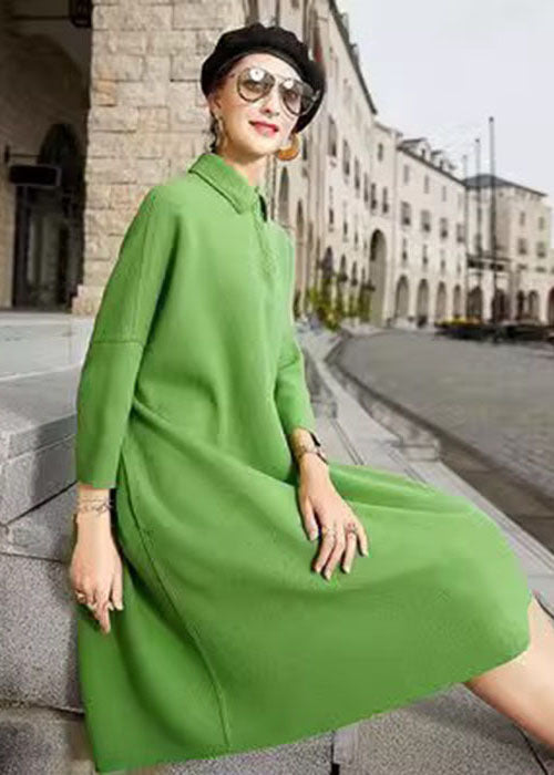 French Green Peter Pan Collar Patchwork Woolen Maxi Dress Long Sleeve