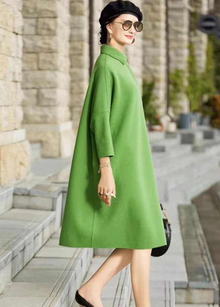 French Green Peter Pan Collar Patchwork Woolen Maxi Dress Long Sleeve