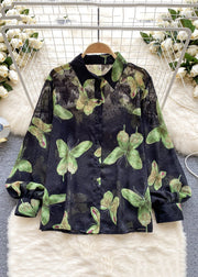 French Green Peter Pan Collar Print Button Chiffon Shirt Long Sleeve