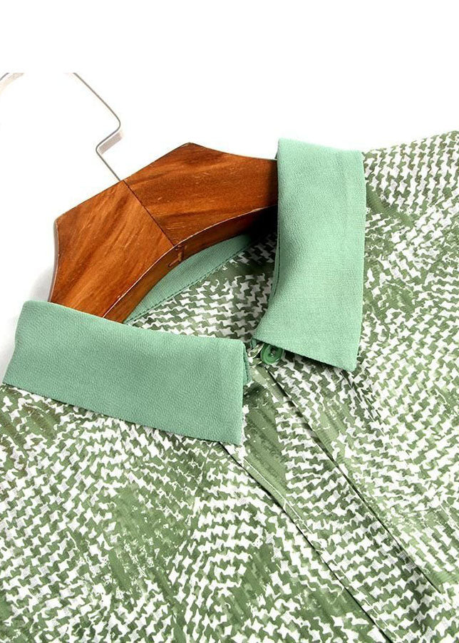 French Green Peter Pan Collar Print Chiffon Two Pieces Set Summer